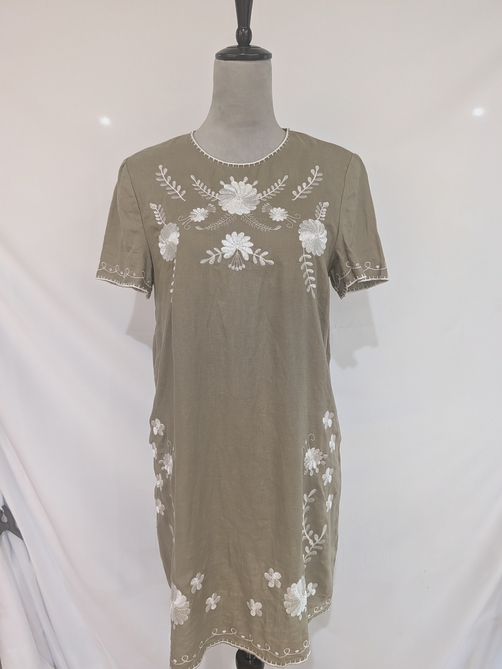 Zara Woman Small Olive Green Floral Embroidered Shift Dress Boho - Picture 2 of 8